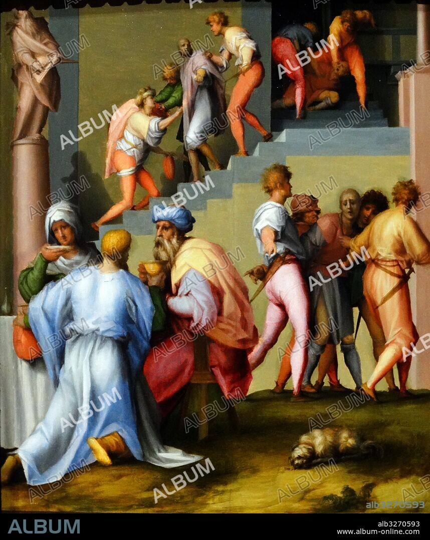 Painting titled 'Joseph with Jacob in Egypt' by Jacopo Carucci (1494-1557) an Italian Mannerist painter and portraitist from the Florentine School. Dated 16th Century.