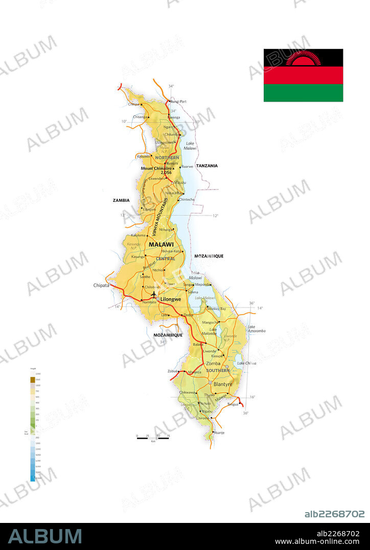 MALAWI. Mapa físico y político de Malawi.