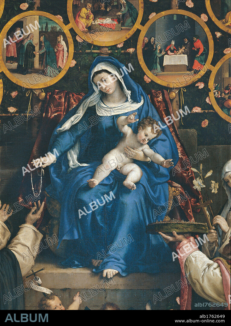 Madonna of the Rosary, by Lorenzo Lotto, 1539, 16th Century, oil on canvas, cm 384 x 264. Italy, Marche, Macerata, Cingoli, Civic Picture Gallery. Virgin Mary, in a blue dress robe garment sitting on the throne with Baby Child Jesus, gives a crown to St Dominic. In the upper part medallions with Visitation, Nativity and Circumcision. In the background, tree and roses. Detail.