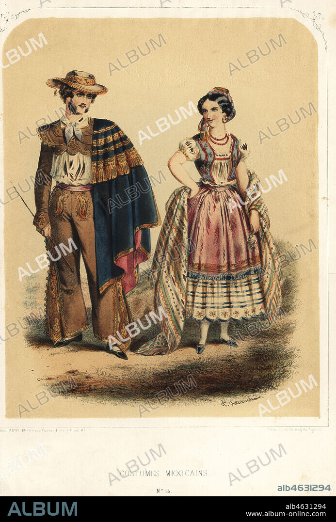 Man and woman in Mexican national costumes for a masquerade ball. Handcoloured lithograph by Alexandre Lacauchie published by Hautecoeur Freres, Paris, 1880s.