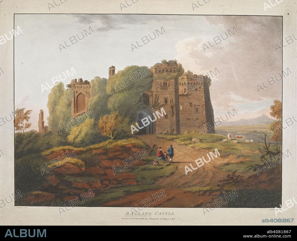 JOHN LAPORTE and W PICKETT. Ragland castle. A castle in partial ruin surrounded by trees and foliage; a rocky landscape; figures in the foreground; cattle and sheep to the right; mountains in the distance.  . Ragland Castle / J. Laporte del ; W. Pickett sculp. London : Pubd Decr 1 1812 by J. Dunford Grt Newport Strt. 1 print : aquatint and etching with hand-colouring ; plate 28.8 x 38.3 cm, on sheet 35.6 x 50 cm sheet. Source: Maps.K.Top.31.14.d.