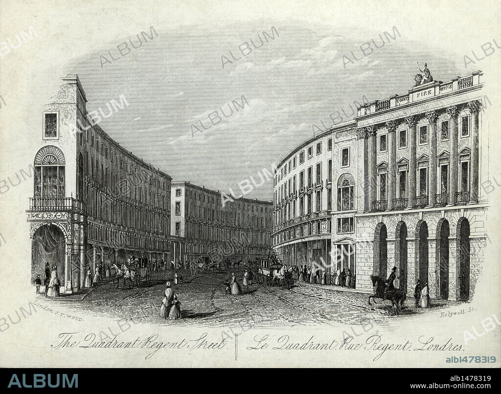 Vista parcial de la calle Regent en Londres (Inglaterra), ciudad en la que vivió y murió el compositor clásico Georg Friedrich Haendel. Grabado de la primera mitad del siglo XIX.
