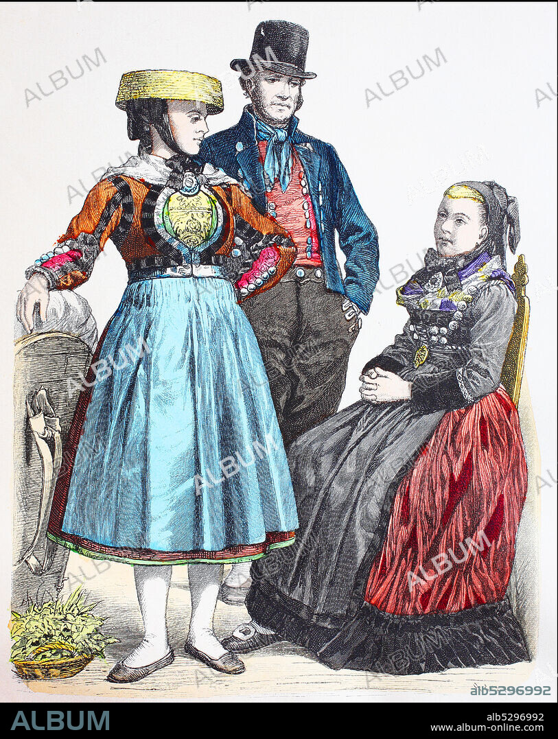 National costume, clothes, history of the costumes, 4 countries and Vierländerin from Hamburg, farmer from gang village geest Hannover, North Germany, in 1885, Volkstracht, Kleidung, Geschichte der Kostüme, Vierländer und Vierländerin aus Hamburg, Bäuerin aus Rottendorf Geest Hannover, Norddeutschland, 1885.