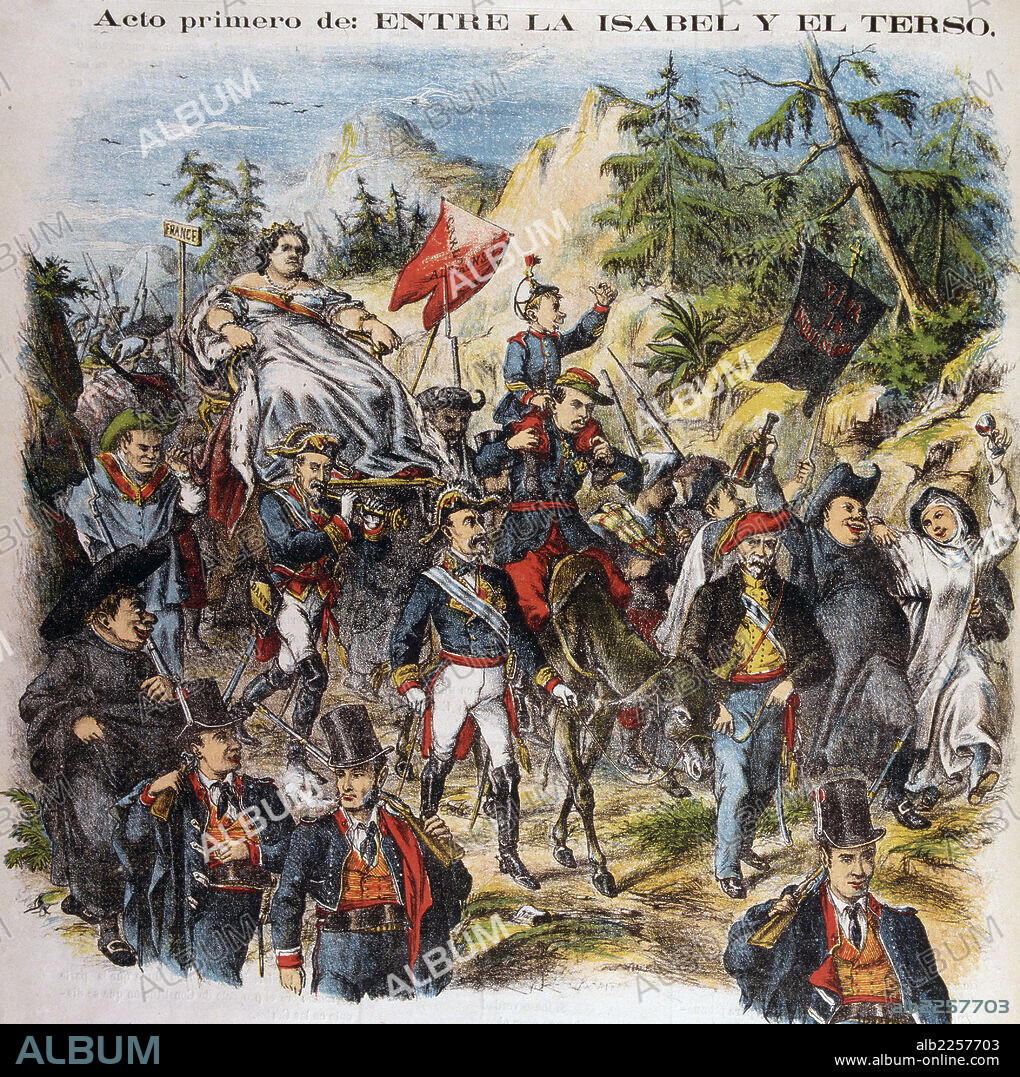 ISABEL II. REINA DE ESPAÑA. MADRID 1830-1904. CARICATURA EN LA REVISTA "LA FLACA". 21 DE ABRIL DE 1869 LA REINA ISABEL PARTE HACIA SU EXILIO EN PARIS , COMO CONSECUENCIA DE LA REVOLUCION DE 1868 , LA GLORIOSA.