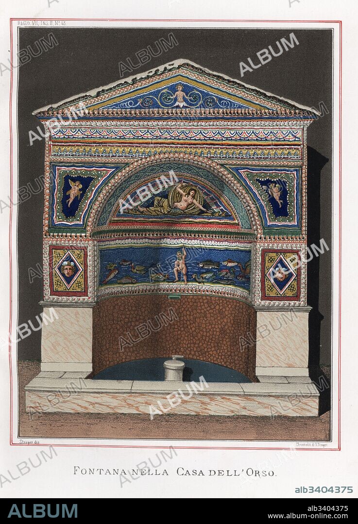 Fountain from Regio VII.II.45, House of the Bear, Pompeii. Venus reclines above a blue sea of fishes, with cupids in attendance. Drawn and chromolithographed by Victor Steeger from Emile Presuhn’s Les Plus Belles Peintures de Pompei (The Most Beautiful Paintings of Pompeii), Leipzig, 1881.