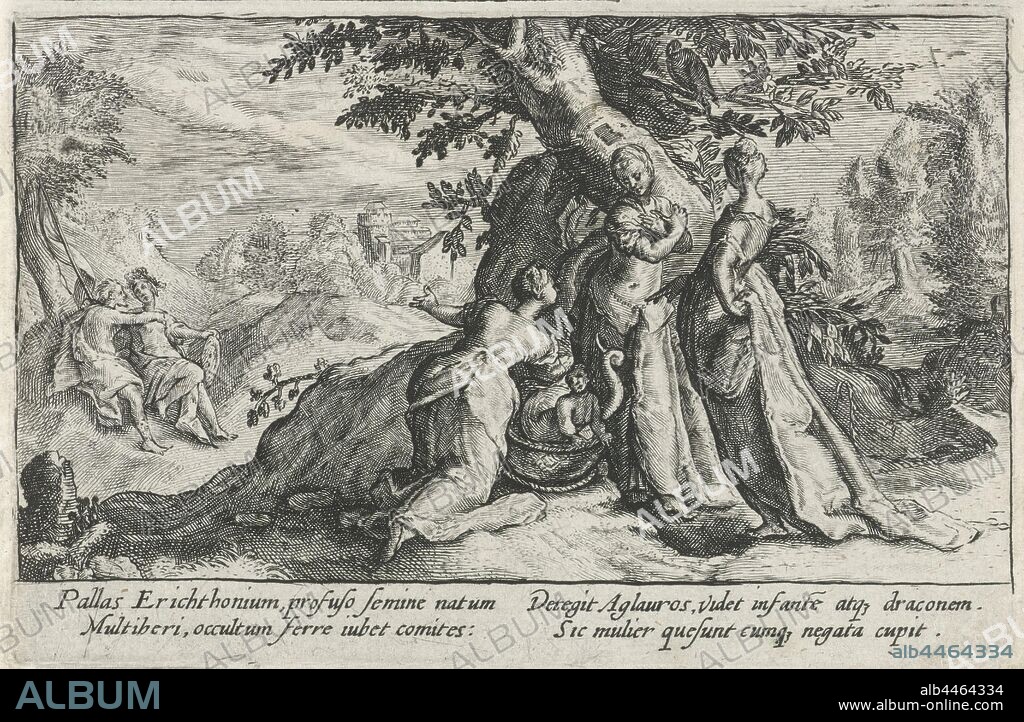 The daughters of Cecrops open the basket with Erichthonius Metamorphoses of Ovid (series title), The three daughters of Cecrops, king of Athens, open the basket in which Erichthonius, who has a snake's tail, lies. There is a crow in the tree that witnessed the event. In the background on the left, Vulcanus is trying to rape Minerva. His seed then spilled to the ground and so Mother Earth gave birth to the child Erichthonius. In the margin a four-line caption, in two columns, in Latin, the daughters of Cecrops open the basket and discover the serpent-shaped child, possibly a crow (i.e. Coronis metamorphosed) looks on (variant), Vulcan attempts to violate Minerva, Gaea is accidentally fertilized, Crispijn van de Passe (I), Keulen, 1602 - 1607, paper, engraving, h 86 mm × w 130 mm.