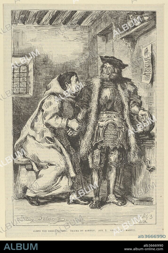 Goetz and Friar Martin. Artist: After Eugène Delacroix (French, Charenton-Saint-Maurice 1798-1863 Paris). Dimensions: Block: 8 5/16 x 5 1/2 in. (21.1 x 14 cm)
Sheet: 8 11/16 x 6 1/16 in. (22 x 15.4 cm). Engraver: Andrew, Best, Leloir, Hotelin et Régnier. Series/Portfolio: Goethe, Goetz von Berlichingen, Act 1. Date: after 1845.
The subject of this print is based on a scene in Goethe's play (published in German in 1773; and French in 1823) that tells the story of  the life of a German knight (1480-1562) who fought to regain the privileges of free knights, nullified by the emperor Maximilian I in 1495.