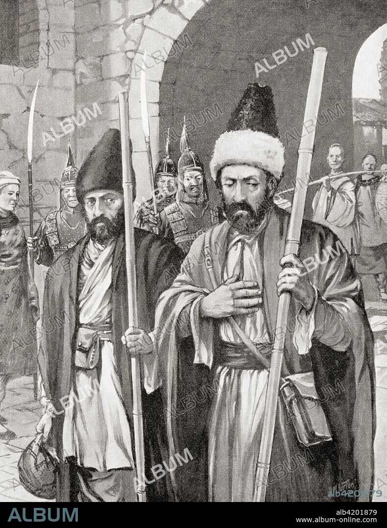 Two monks, with the support of the Byzantine emperor Justinian I, successfully smuggle silkworms into Constantinople by hiding them in bamboo staves, 6th century AD.  From Hutchinson's History of the Nations, published 1915.