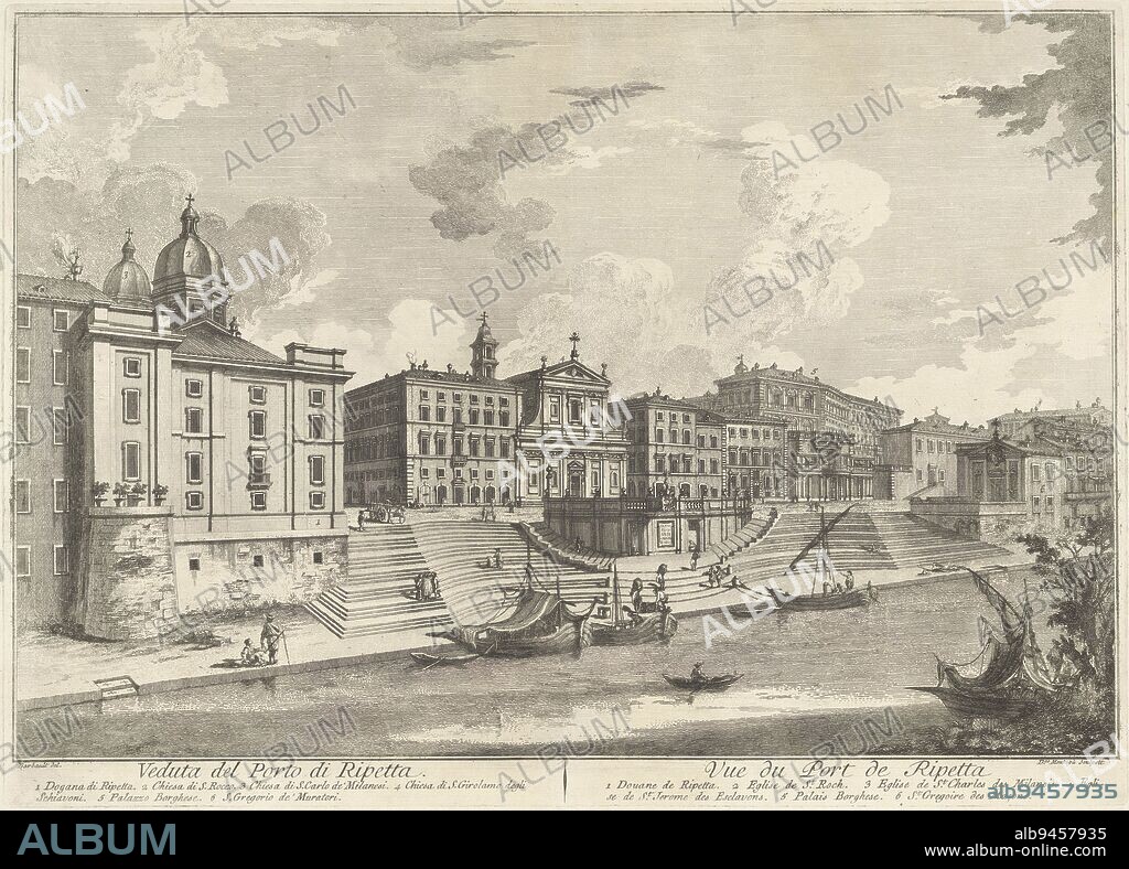 View of the Porto di Ripetta in the Tiber in Rome near the Chiesa di San Girolamo dei Croati. Titles and explanatory lists of numbers in Italian and French in the lower margin, Porto di Ripetta in Rome Veduta del Porto di Ripetta / Vue du Port de Ripetta., print maker: Domenico Montaigù, (mentioned on object), intermediary draughtsman: Jean Barbault, (mentioned on object), Italy, c. 1750 - c. 1799, paper, etching, h 394 mm × w 551 mm.