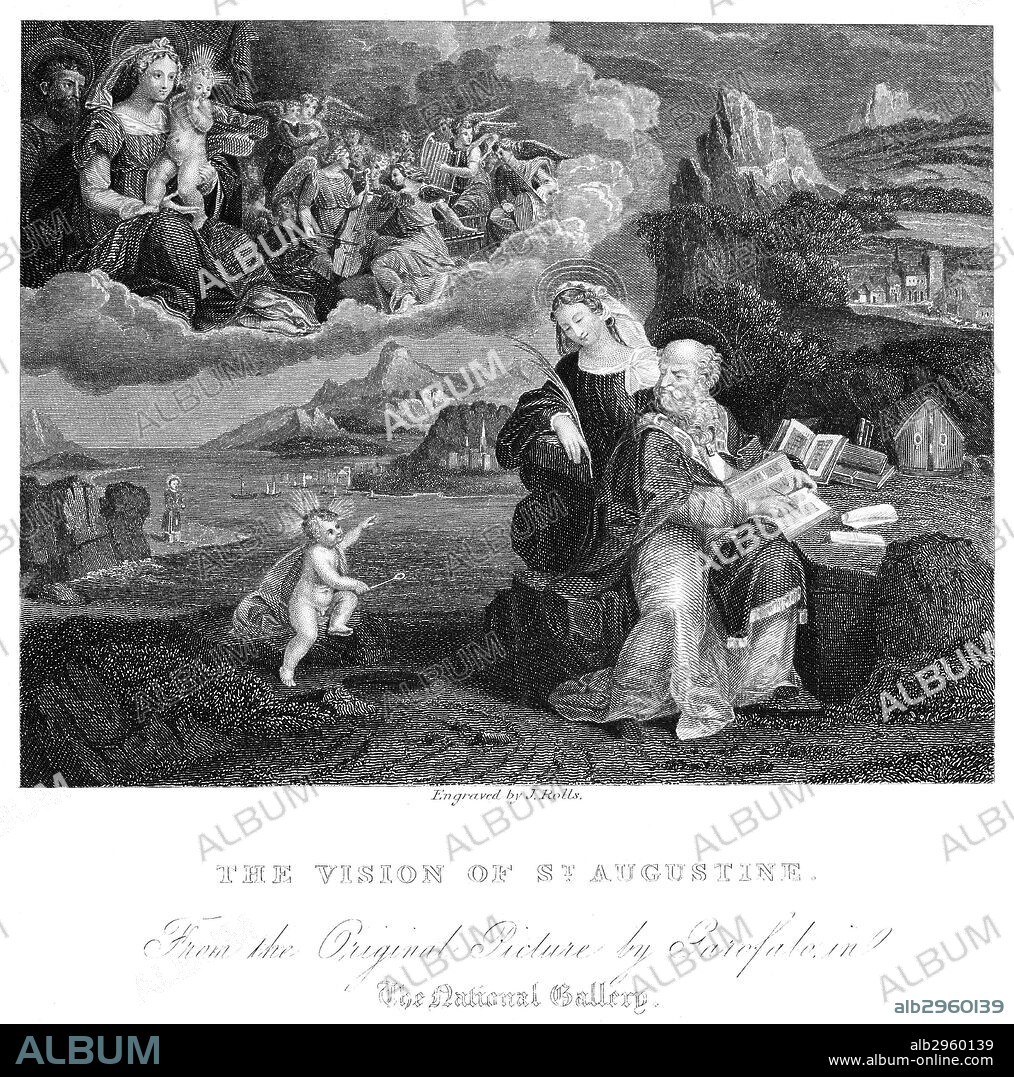 ST. AUGUSTINE (354-430).Christian church father and philosopher. The Vision of St. Augustine. Copper engraving, English, 19th century, after the painting by Benvenuto de Garofalo.