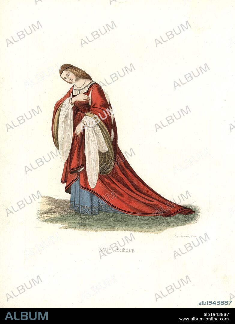 Isabella d'Este, Countess of Mantua (1474-1539) Scarlet dress with train, gathered at front to show blue underdress, puffed muslin sleeves. From a painting by Lorenzo Costa.. Handcolored illustration by E. Lechevallier-Chevignard, lithographed by A. Didier, L. Flameng, F. Laguillermie, from Georges Duplessis's "Costumes historiques des XVIe, XVIIe et XVIIIe siecles" (Historical costumes of the 16th, 17th and 18th centuries), Paris 1867. The book was a continuation of the series on the costumes of the 12th to 15th centuries published by Camille Bonnard and Paul Mercuri from 1830. Georges Duplessis (1834-1899) was curator of the Prints department at the Bibliotheque nationale. Edmond Lechevallier-Chevignard (1825-1902) was an artist, book illustrator, and interior designer for many public buildings and churches. He was named professor at the National School of Decorative Arts in 1874.