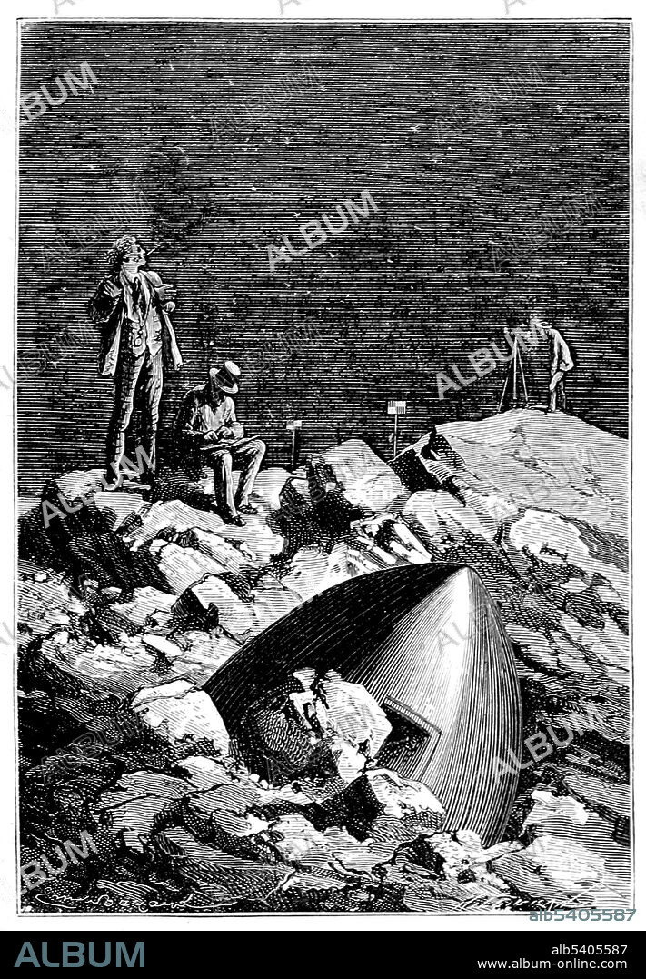 Columbiad on the moon. From the Earth to the Moon is an 1865 novel by Jules Verne. It tells the story of the Baltimore Gun Club, and their attempts to launch 3 people in a projectile to land on the moon. The story is notable in that Verne attempted to do calculations as to the requirements for the cannon and some of his figures are remarkably accurate. The sequel, Around the Moon, deals with what happens to the 3 men in their travel from the Earth to the Moon. It was later combined with From the Earth to the Moon to create A Trip to the Moon and Around It. Illustration by Émile-Antoine Bayard and Alphonse de Neuville, 1872.