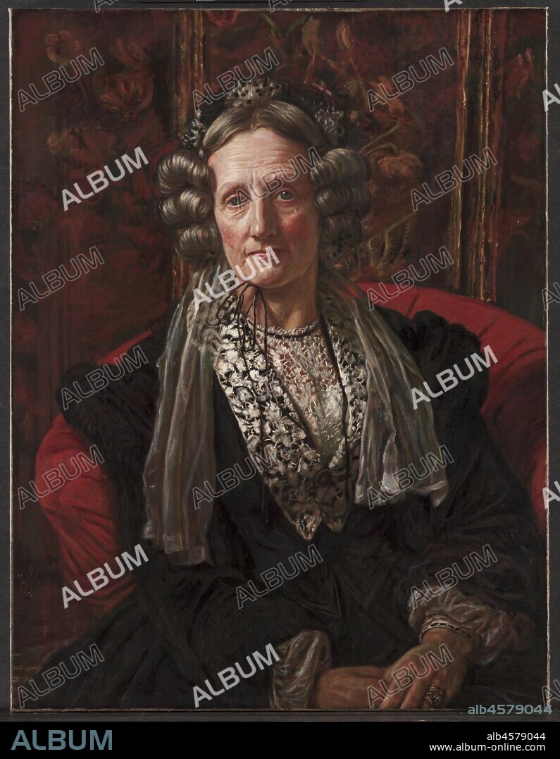 Mrs. George Waugh, 1868. The sitter, Mary Walker Waugh (1805-1886), was the artist's mother-in-law. The portrait was made shortly after the death of Hunt's wife, Fanny. In August of 1866 Hunt and his pregnant wife embarked for the Near East. Their son was born in Florence, but Fanny became ill and died. Mrs. Waugh blamed Hunt for the death of her daughter. Hunt and his son returned to London and moved into the Waugh household where he made this portrait. The sitter's stern look and the heavy background convey a tense and anger-filled atmosphere. The frame, designed by the artist, is original.