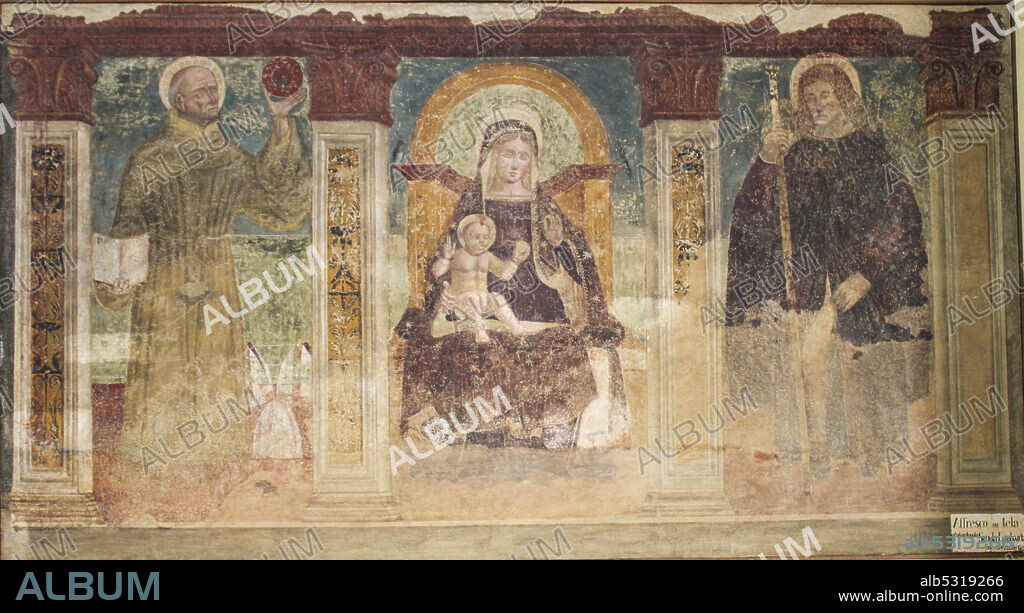 Cesate, Milano, Lombardy, Italy. Santuario della Beata Vergine delle Grazie (Sanctuary of the Blessed Virgin of Graces). Madonna and Child with Saints Bernardine and Roch. Fresco on canvas, anonymous author, period 1400-1500, Lombard School.
