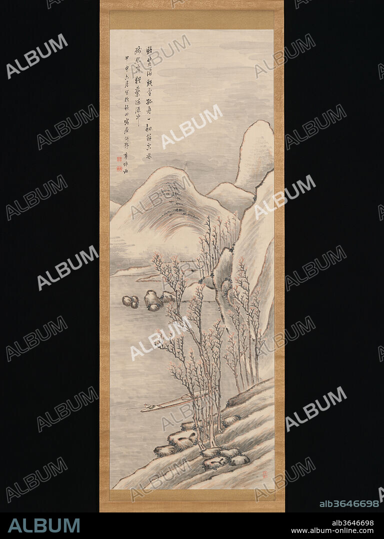 Snowy Landscape. Artist: Takahashi Sohei (Japanese, 1804-1835). Culture: Japan. Dimensions: Image: 53 15/16 × 19 5/16 in. (137 × 49 cm)
Overall with mounting: 77 1/16 × 21 5/8 in. (195.8 × 55 cm)
Overall with knobs: 77 1/16 × 23 11/16 in. (195.8 × 60.2 cm). Date: 1824.