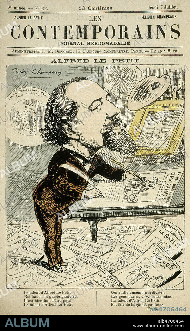 Caricature representant Alfred LE PETIT (1841-1909) au travail par Felicien CHAMPSAUR publiee dans le journal Les Contemporains dans les annees 1880. Credit : Collection KHARBINE-TAPABOR.