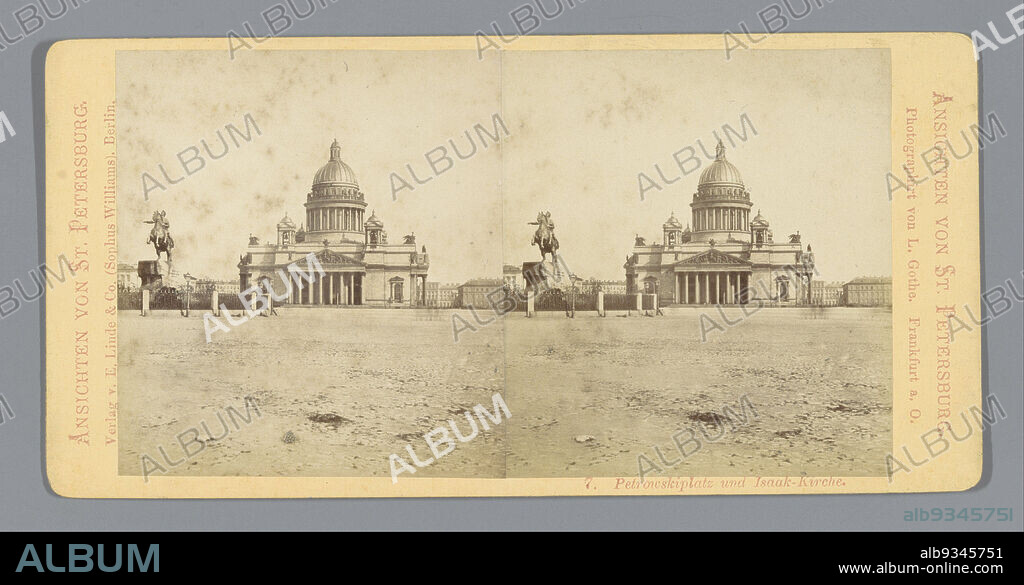 View of Isaac Square and Isaac Cathedral in St. Petersburg, Petrowskiplatz und Isaak-Kirche. (title on object), L. Gothe (mentioned on object), publisher: E. Linde & Co. (Sophus Williams) (mentioned on object), Sint-Petersburg, publisher: Berlin, c. 1850 - c. 1880, cardboard, albumen print, height 85 mm × width 170 mm.