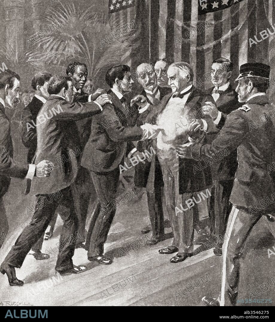 The assassination of President McKinley in 1901 by Leon Czolgosz at the Pan-American Exposition in Buffalo, New York, United States of America. William McKinley, 1843 - 1901. 25th President of the United States, Leon Frank Czolgosz,1873 - 1901. American anarchist. From The History of Our Country, published 1900.