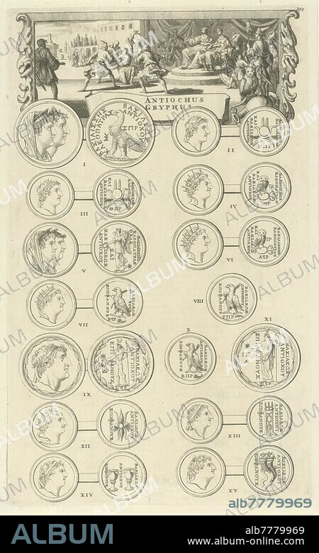 Antiochus VIII Grypos kills Alexander II Zabinas Antiochus Gryphus (title on object), Antiochus VIII Grypos kills Alexander II Zabinas. Below this representation the display of fifteen tokens. Print numbered top right: 349, medal (considered as a piece of sculpture, regardless of its specific function), violent death, being killed, being mishandled and maltreated, seeking death, Alexander II Zabinas, Antiochus VIII Grypos, Jan Luyken, Amsterdam, 1690, paper, etching, h 281 mm × w 171 mm.