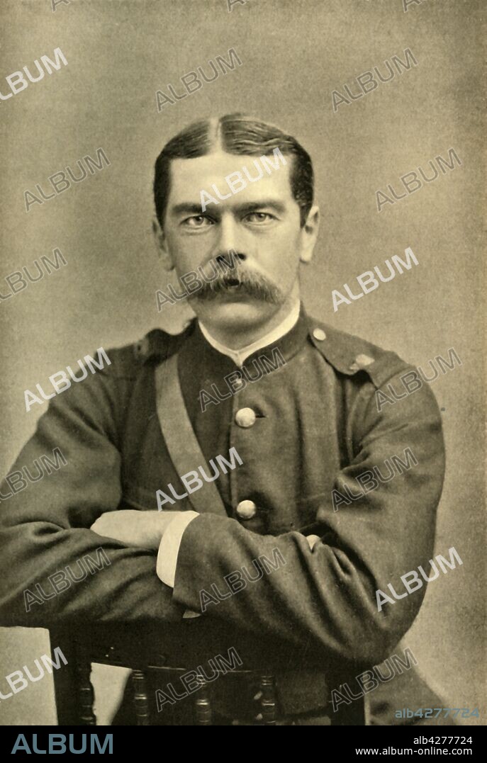 ELLIOTT & FRY. 'Lord Kitchener of Khartum', c1885, (1901). Portrait of Earl Kitchener of Khartoum, Irish-born British soldier and statesman. Herbert Kitchener (1850-1916) regained the Sudan for Egypt by his victory at the Battle of Omdurman (1898). He was commander of British forces during the Boer War (1899-1902) and served as War Minister from 1914 to 1916. His portrait was used on a famous World War I army recruitment poster. Kitchener drowned when HMS Hampshire, carrying him to Russia, was sunk by a German mine in the North Atlantic in 1916. From "The Life and Deeds of Earl Roberts, Vol. IV. - To Lord Roberts's Reign in Pall Mall", by J. Maclaren Cobban. [T. C. & E. C. Jack, Edinburgh, 1901].