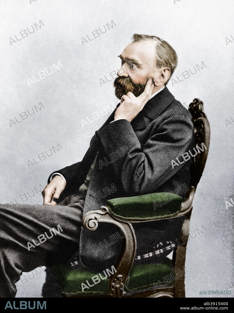 Alfred Bernhard Nobel, c1880s. In 1866 Swedish chemist and industrialist Nobel invented a safe and manageable form of nitroglycerin he called dynamite. Later, he invented smokeless gunpowder and gelignite (1875). Nobel helped to create an industrial empire manufacturing explosives and amassed a large fortune, much of which he left to fund the Nobel Prizes, which were first awarded in 1901. Awards were given for excellence in physics, chemistry, physiology or medicine, literature and peace. (Colorised black and white print).