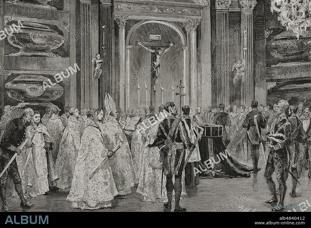 TOMÁS CARLOS CAPUZ (1834-1899). SPANISH ENGRAVER. GERARDO MELÉNDEZ. SPANISH ARTIST OF THE SECOND HALF OF THE 19TH CENTURY.. Maria Christina of the Two Sicilies (1806-1878). Queen consort of Spain (1829-1833) and queen regent (1833-1840) during the minority of Isabella II. Fourth wife of King Ferdinand VII. El Escorial. Response for Queen Maria Christina as her body is laid to rest in the Royal Pantheon crypt. Drawing from life by Gerardo Meléndez. Engraving by Capuz. La Ilustración Española y Americana (The Spanish and American Illustration), 1878.