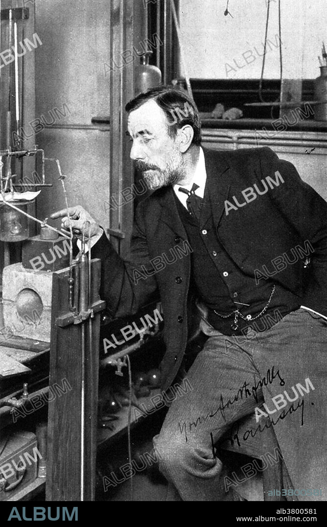 William Ramsay (October 2, 1852 - July 23, 1916) was a Scottish chemist. He studied in Germany under Bunsen, obtaining his PhD in 1873. After years of teaching, he started research into nitrogen in 1892. Nitrogen obtained from the air was shown to be heavier than that obtained from chemicals. In 1894 Ramsay isolated a new gas from an air-derived nitrogen sample, and identified it using a spectroscope. It was a totally inert element which he called argon. Over the next years he isolated and identified most of the other inert gases: helium, neon, krypton and xenon. For this work, Ramsay was knighted in 1902 and won the 1904 Nobel Prize for Chemistry. He died in 1916 from nasal cancer at the age of 63.