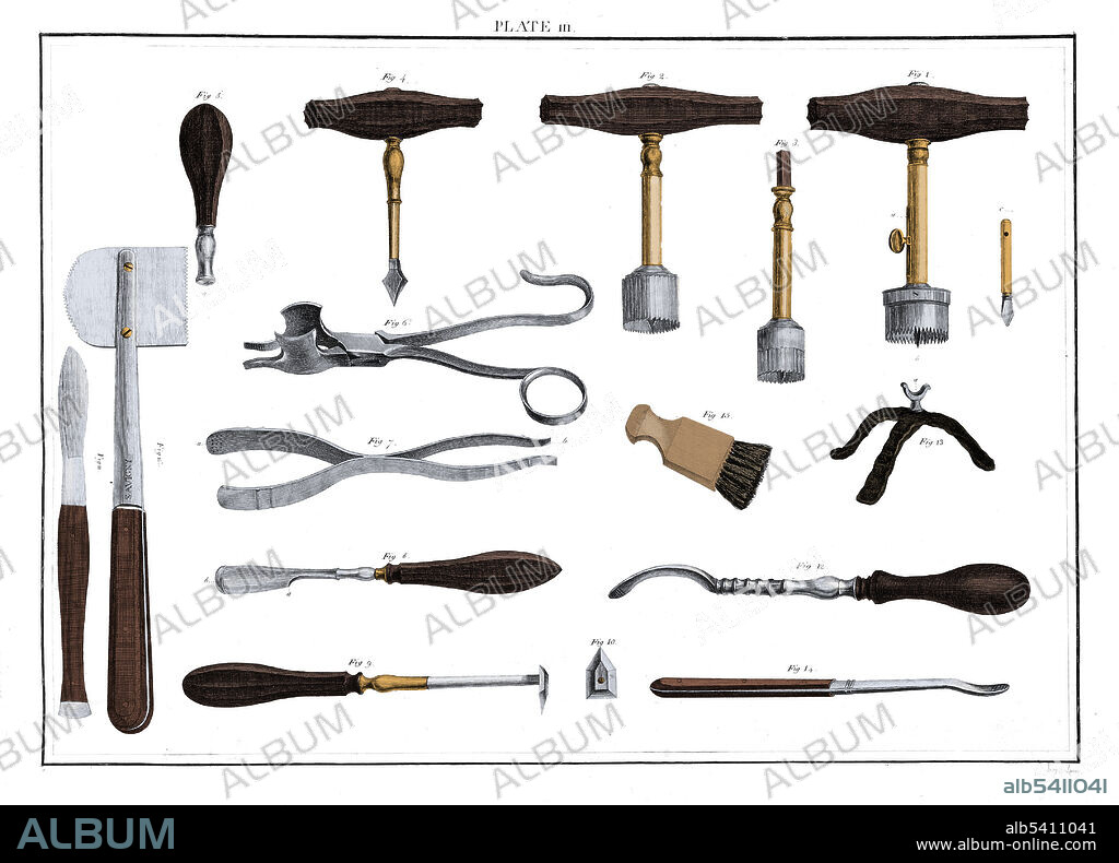 Various types of trephines, spring forceps, a lenticular, a raspatory, and a scalpel, used for trepanning. Trepanning is a surgical intervention in which a hole is drilled or scraped into the human skull, exposing the dura mater to treat health problems related to intracranial diseases. Cave paintings indicate that people believed the practice would cure epileptic seizures, migraines, mental disorders and the bone that was trepanned was kept as a charm to keep evil spirits away. Trepanation was also practiced in the classical and Renaissance periods. Hippocrates gave specific directions on the procedure from its evolution through the Greek age, and Galen also elaborates on the procedure. During the Middle Ages and the Renaissance, trepanation was practiced as a cure for various ailments, including seizures and skull fractures. Engraving from "A Collection of engravings, representing the most modern and approved instruments used in the practice of surgery. With appropriate explanations," published by J. H. Savigny, 1798.
