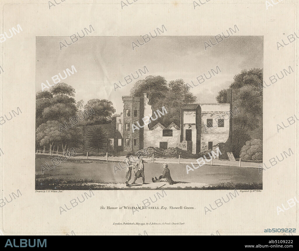 The House of William Russell, Esq., Showell Green, William Ellis, 17471810, British, after P. H. Witton Jr., Active 1792, Published by Joseph Johnson, 17381809, British, 1792, Aquatint and etching on moderately thick, moderately textured, cream laid paper, pasted on left edge to B1977.14.14752b, Sheet: 8 9/16 x 11 13/16 inches (21.8 x 30 cm), Plate: 7 3/8 x 9 1/2 inches (18.8 x 24.1 cm), and Image: 5 x 7 3/8 inches (12.7 x 18.8 cm), architectural subject, barriers, coats, costume, garden, genre subject, gesture, green, hats, house, landscape, men, park (grounds), pointing, ruins, staff (walking stick), talking, trees, Birmingham, Birmingham, England, Showell Green, United Kingdom.