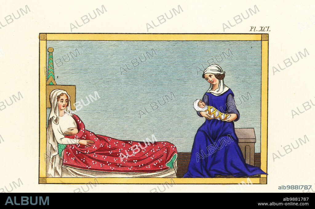 The ladies chamber, 14th century. Woman sleeping in bed with rich bedclothes f.153r, the Woman menaced by the Seven-Headed Dragon, Rev. 12: 4-5, in the Welles Apocalypse, Royal MS 15 D II. Nursemaid with baby in swaddling clothes, f.010r, from a Scholastic Bible by Petrus Comestor and Guyart Desmoulins, Bodleian Library, MS Douce 211. Handcoloured engraving by Joseph Strutt from his Complete View of the Dress and Habits of the People of England, Henry Bohn, London, 1842.
