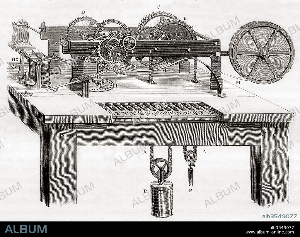 A David Edward Hughes, 1831 –1900, telegraphic printing machine. From Les Merveilles de la Science, published c.1870.