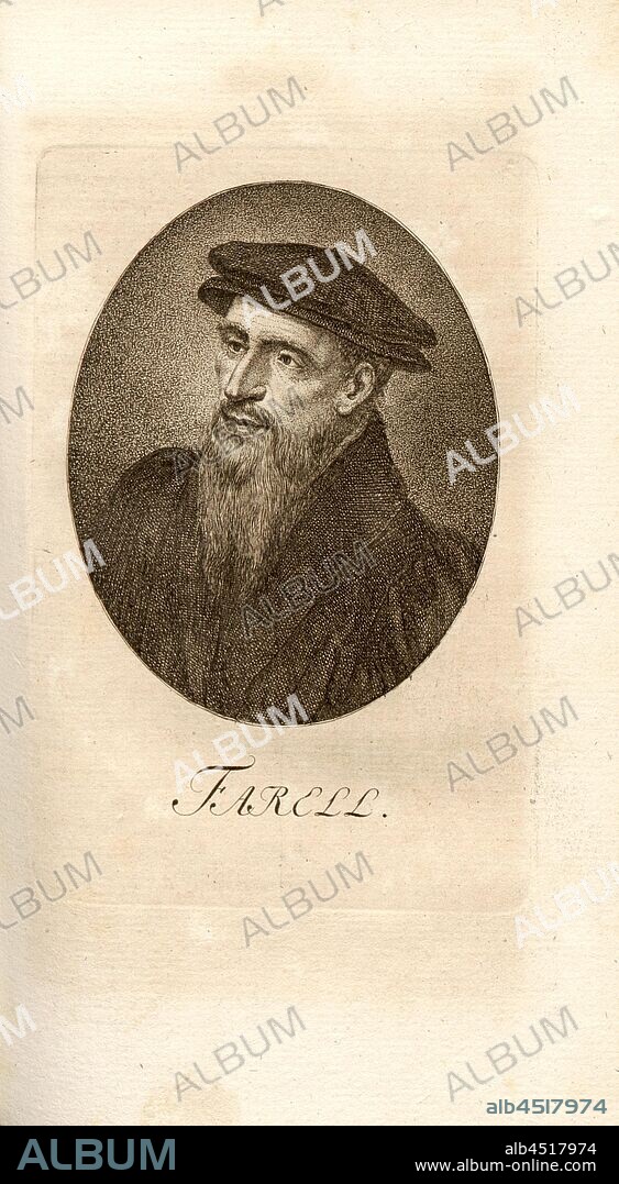 Farell, Portrait Wilhelm Farel (also Guillaume Farel), Taf. 20, according to p. 124, Pfenninger, Heinrich (fec.), Leonhard Meister; Heinrich Pfenninger; J. C Fäsi: Helvetiens berühmte Männer in Bildnissen. Bd. 1. Zürich: im Verlag von Heinrich Pfenninger Mahler, 1799.
