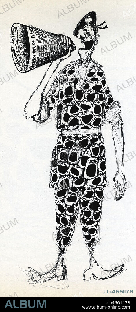 LOUIS MITELBERG. Le general MASSU (1908-2002) tue le pouvoir civil ( il hurle dans des journaux formant porte-voix alors que son corps est compose de visages qui crient). Caricature de 1966 par TIM (1919-2002). ADAGP. Credit : Collection Dixmier/KHARBINE-TAPABOR.