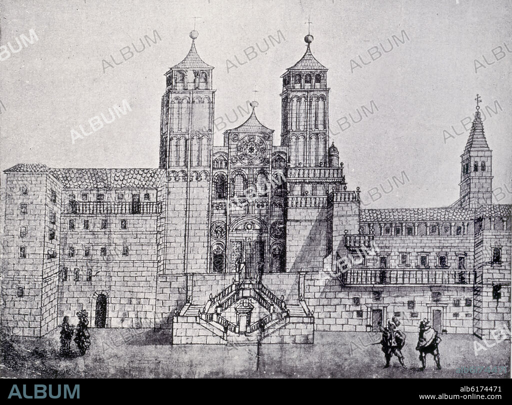 VEGA Y VERDUGO. GRABADO-PROYECTO-FACHADA DEL OBRADOIRO DE LA CATEDRAL DE SANTIAGO-ANTES 1657-DIBUJO"DEL INFORME".