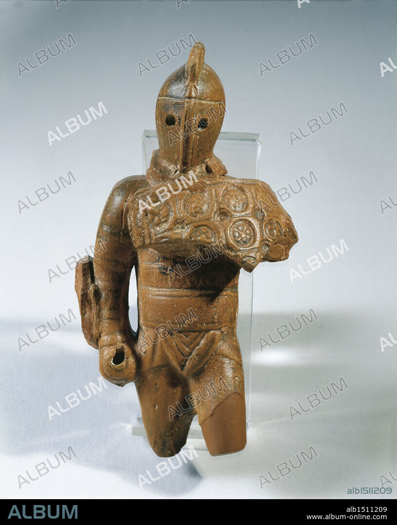 Roman civilization, 2nd century b.C. Terracotta statue of Samnite gladiator. From Volubilis (Morocco).