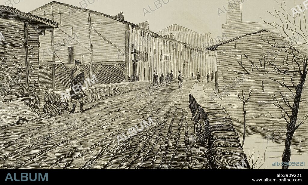 España. Tercera Guerra Carlista (1872-1876). Provincias Vascongadas. Villa de Ochandiano (Otxandio), provincia de Vizcaya. Entrada a la población por la parte de Vitoria. Grabado. 1876, contexto de la Restauración Borbónica con Alfonso XII. La Ilustración Española y Americana, 15 de febrero de 1876. Biblioteca Histórico Militar de Barcelona. Cataluña, España.