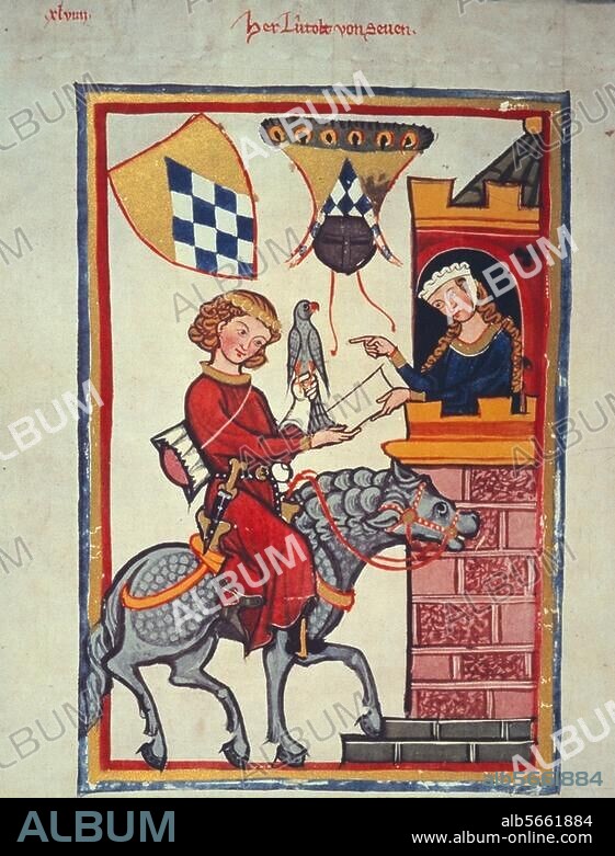 ANONYMOUS. Illumination, Zurich, c. 1310-1340. Leuthold von Saven on horseback hands a letter over to his lady. Parchment. Fr.: Große Heidelberger Liederhandschrift. (Codex Manesse). Heidelberg, Universitätsbibliothek, Cod. Pal. Germ. 848 fol. 164v. Heidelberg, Universitätsbibliothek.