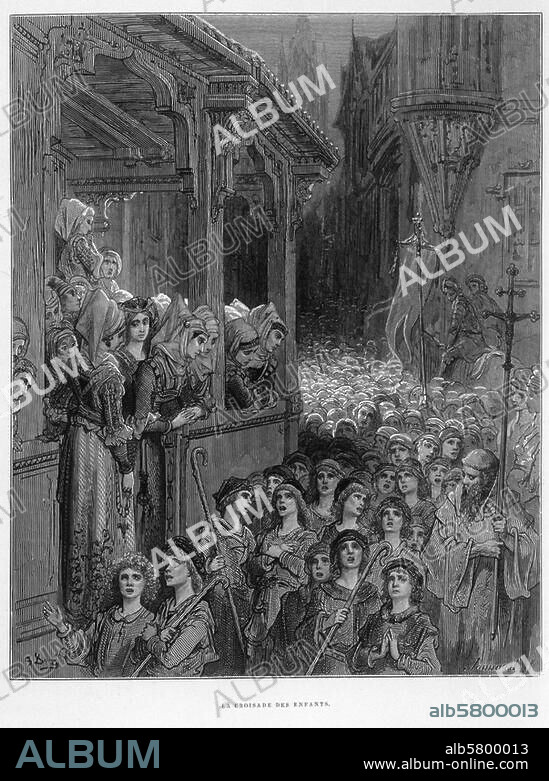 GUSTAVE DORÉ. Croisade des enfants au printemps 1212. - "La Croisade des enfants". (De la région de Cologne et de Basse-Lorraine, des enfants et des adolescents se mettent en route vers la Terre Sainte). Grav. sur bois d'ap. G. Doré (1832-83). De : J.Michaud, Histoire des croisades, Paris, 1877, vol. 2, planche suivant p. 301.