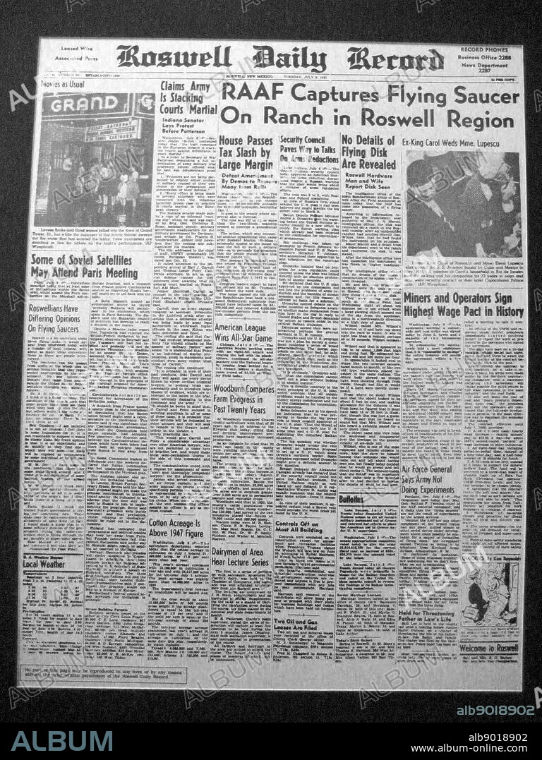 Front Page of the Roswell Daily Record dated 8th July1947. The newspaper reports on the Roswell Crash and UFO sightings. Dated 20th Century.