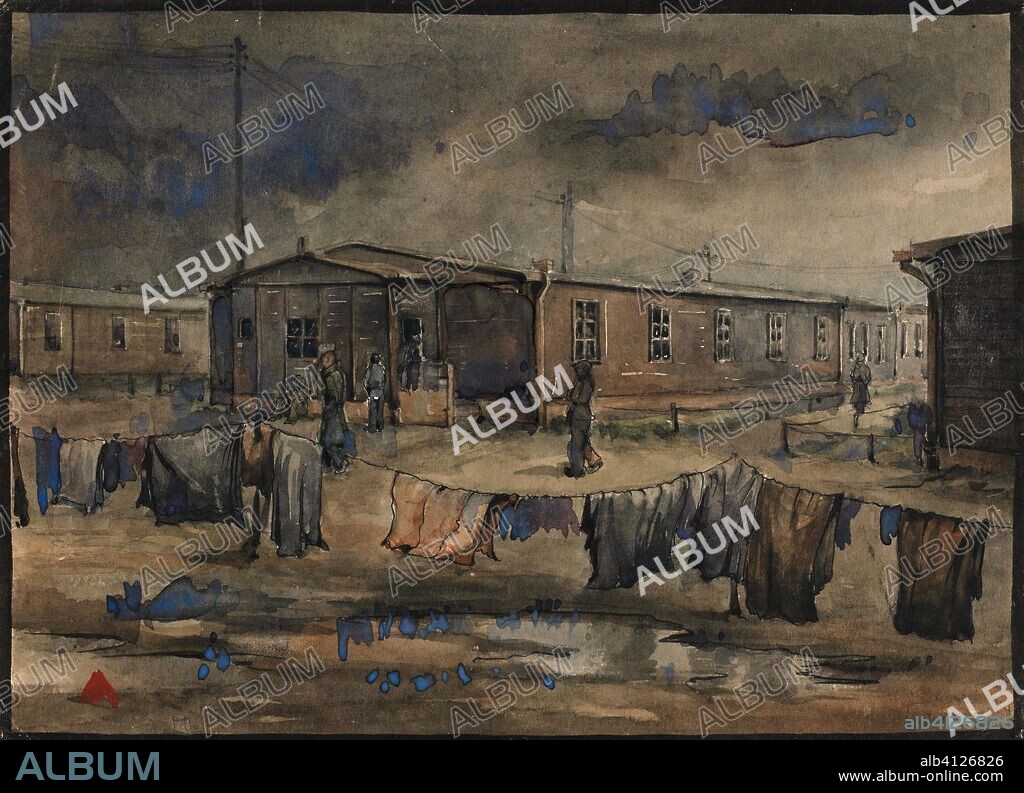 Voetbalveld achter de barakken. Krijgsgevangenenkamp Stalag IVB in Mühlberg aan de Elbe (series title). Draughtsman: Wim van Hooff. Dating: 1944. Place: Mühlberg. Measurements: h 19 cm × w 27 cm.