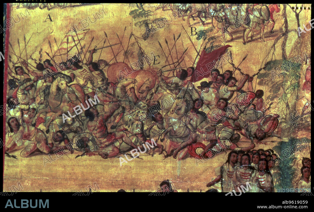 Battle in the city of Cholula (oct.1519) between the Spanish and their Indian allies against the city, center of the Toltec empire and sacred city of the Chichimeca, detail of a nacred painting, 1698.