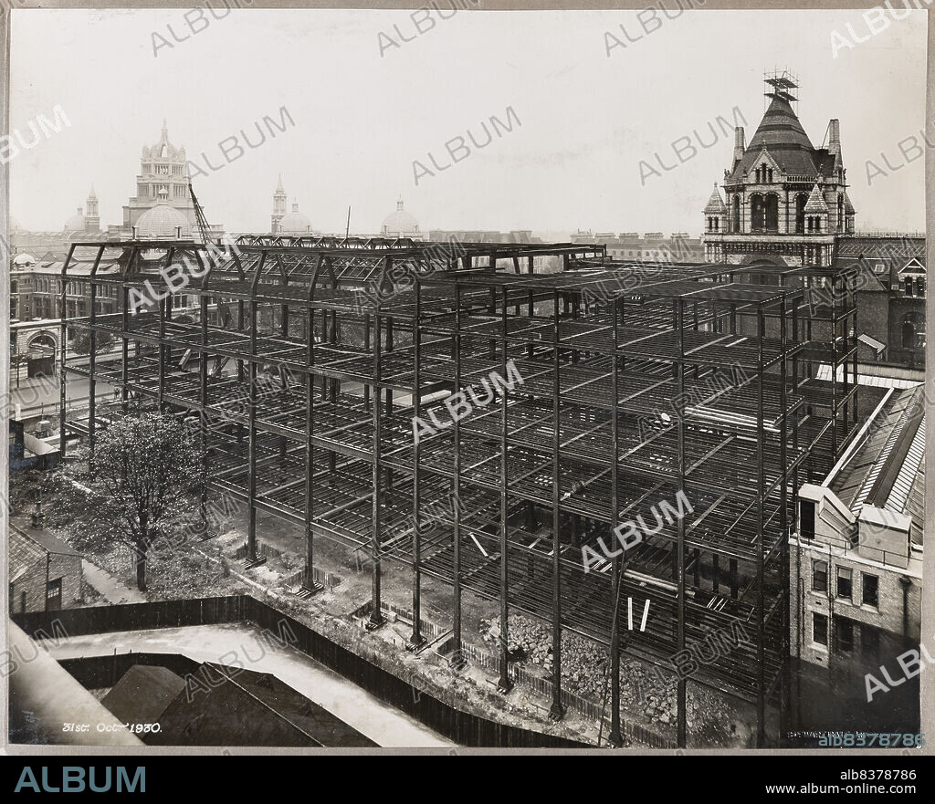STEWART BALE LIMITED. Geological Museum, Exhibition Road, Kensington, Kensington and Chelsea, Greater London Authority, 31-10-1930. An elevated view from the north-west showing the steel frames of the Geological Museum during construction. The Geological Museum moved from its site on Jermyn Street to this new building on Exhibition Road in 1935. The new museum was designed by Sir Richard Allison and John Hatton Markham of H M Office of Works. The steel frames used in the construction of the building were manufactured by Banister, Walton and Co Ltd. The Geological Museum subsequently became part of the Natural History Museum.