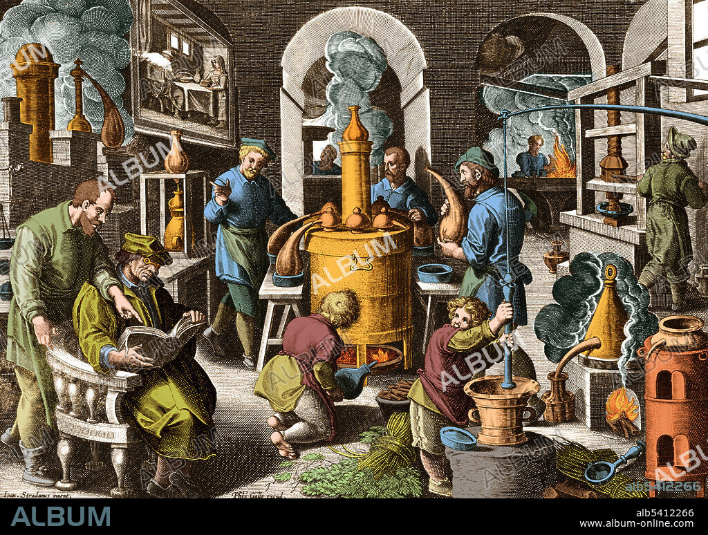 Illustration of workers at a distillery factory, c. 1580-1605. In the foreground, two men consult a book. Others perform the process of distillation. The Invention of Distillation is the seventh plate from a print series entitled Nova Reperta (New Inventions of Modern Times), consisting of a title page and 19 plates, engraved by Jan Collaert I, after Jan van der Straet, called Stradanus, and published by Philips Galle.