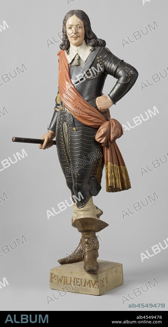 Stadtholder Willem II, Prince of Orange-Nassau, Willem is depicted as Stadtholder in equestrian armor, command staff in his right hand He wears the decorations of the Order of the Garter. On the base the coat of arms of the Prince, William II (Prince of Orange), Order of the Garter, François Dieussart (attributed to), The Hague, 1650 - 1675, elm (wood), h 169 cm × h 83 cm.
