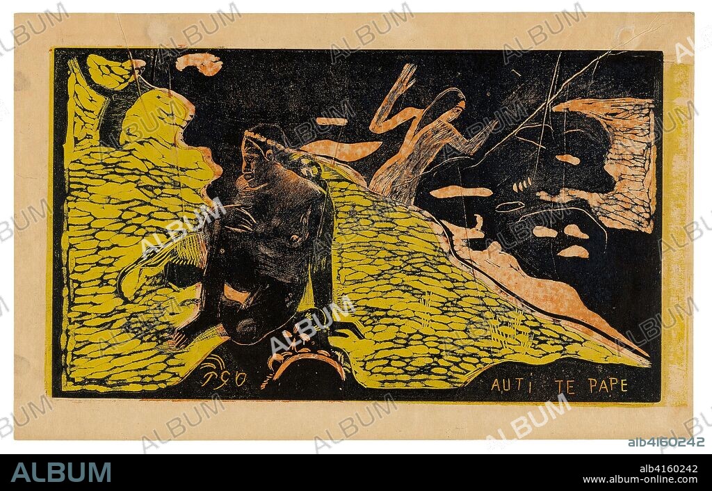 Auti te pape (Women at the River), from the Noa Noa Suite. Paul Gauguin (French, 1848-1903); printed in collaboration with Louis Roy (French 1862-1907). Date: 1894. Dimensions: 208 × 377 mm (image); 250 ×397 mm (sheet). Wood-block print in black ink, over stenciled red ink and a yellow ink tone block, on cream wove paper (an imitation Japanese vellum). Origin: France.