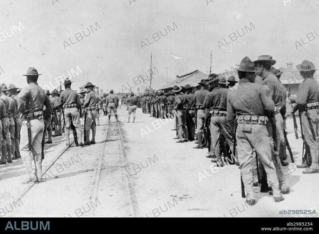 MEXICAN EXPEDITION, 1914.U.S. troops guarding the railway at Veracruz.