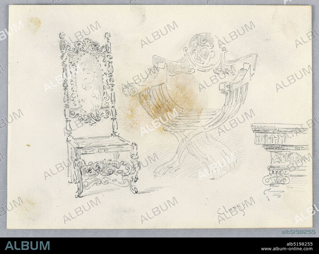 Sketches from Museé de Cluny, Paris, Arnold William Brunner, American, 18571925, Graphite on paper, Two chairs, left and center. Left, intricate legs and back, no arm rest. Center, rounded chair with arm rest. Corner of a table, lower right., USA, 1883, furniture, Drawing, Drawing.