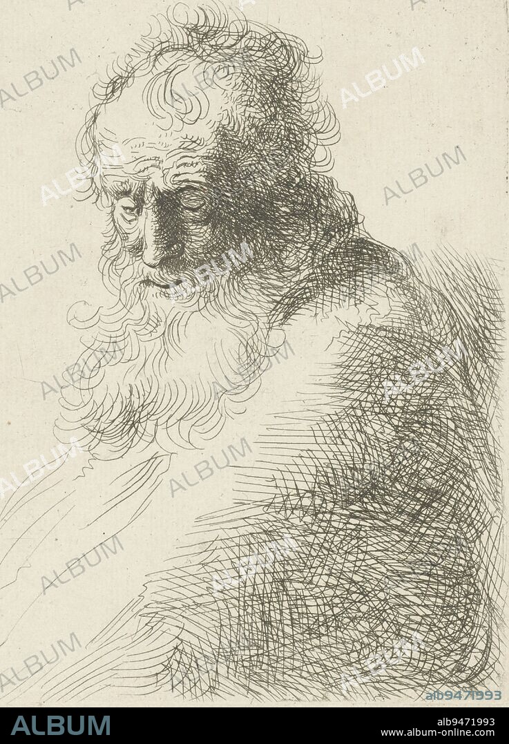 Old man with beard, print maker: Rembrandt van Rijn, (follower of), print maker: Michael Willmann, (possibly), 1616 - 1719, paper, etching, h 165 mm × w 143 mm.