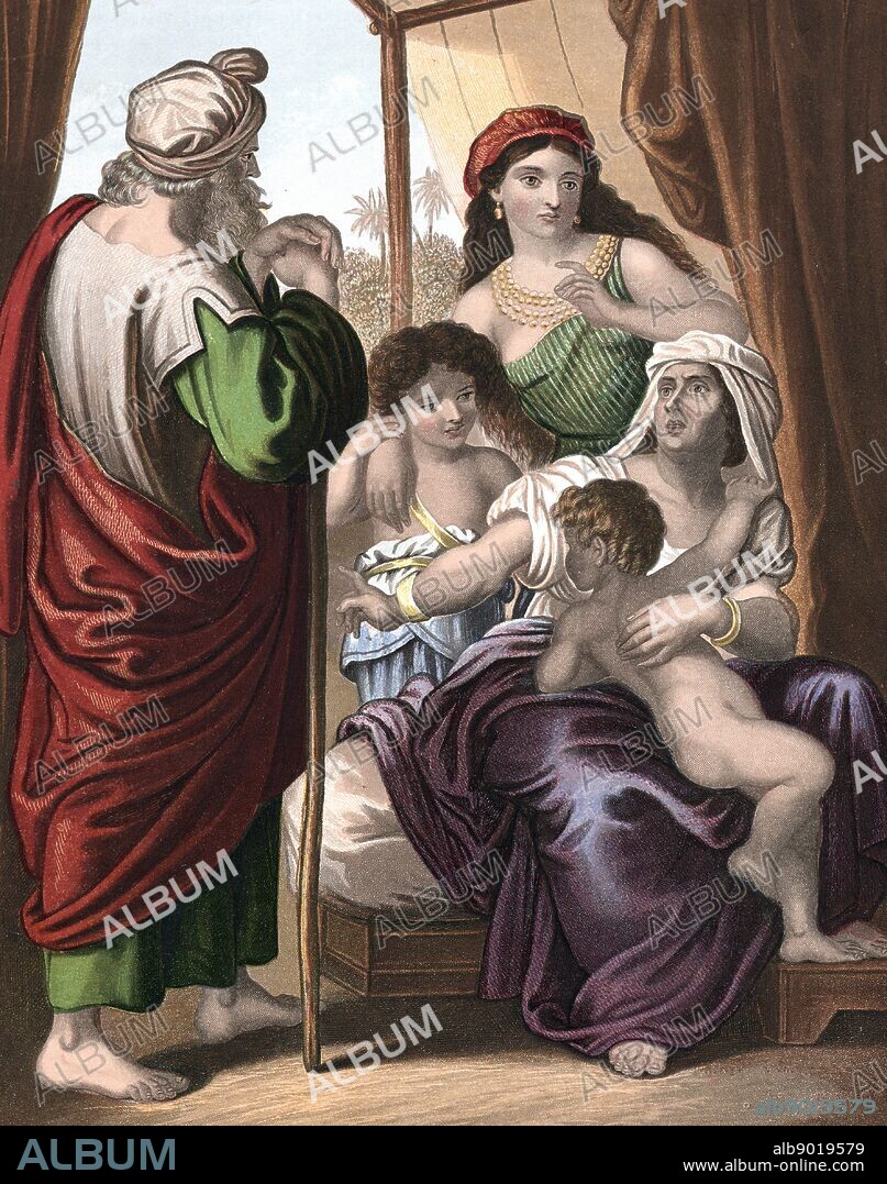 Abraham, father of the Hebrews, sending away Hagar his concubine, sometimes referred to as his second wife, and their son Ishmael, after Sarah his first wife bears him a son, Isaac. 'Bible' Genesis 21. Mid-19th century chromolithograph. Colour.