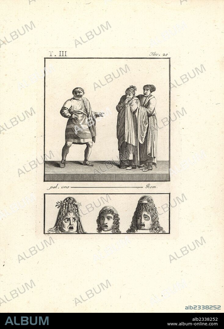 Scene from a comedy by Pliny. A servant in comic mask makes an insulting gesture of horns (with his index and little fingers raised) to two women. Vignette of three tragic masks below. Copperplate engraving by Tommaso Piroli from his Antiquities of Herculaneum (Antichita di Ercolano), Rome, 1790.